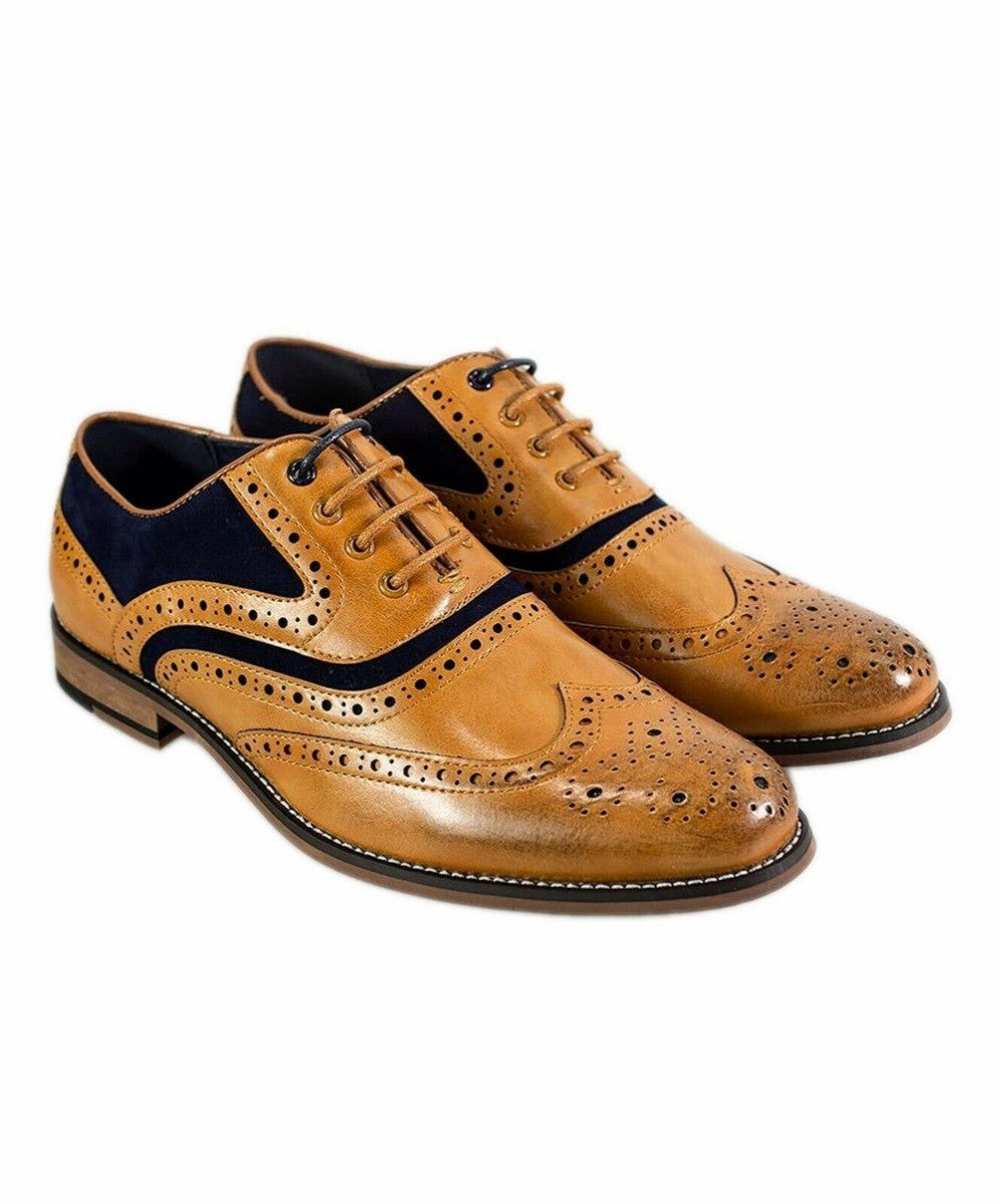 Herren Wildleder & Leder Oxford Brogue Schuhe - ETHAN - Hellbraun - Marineblau