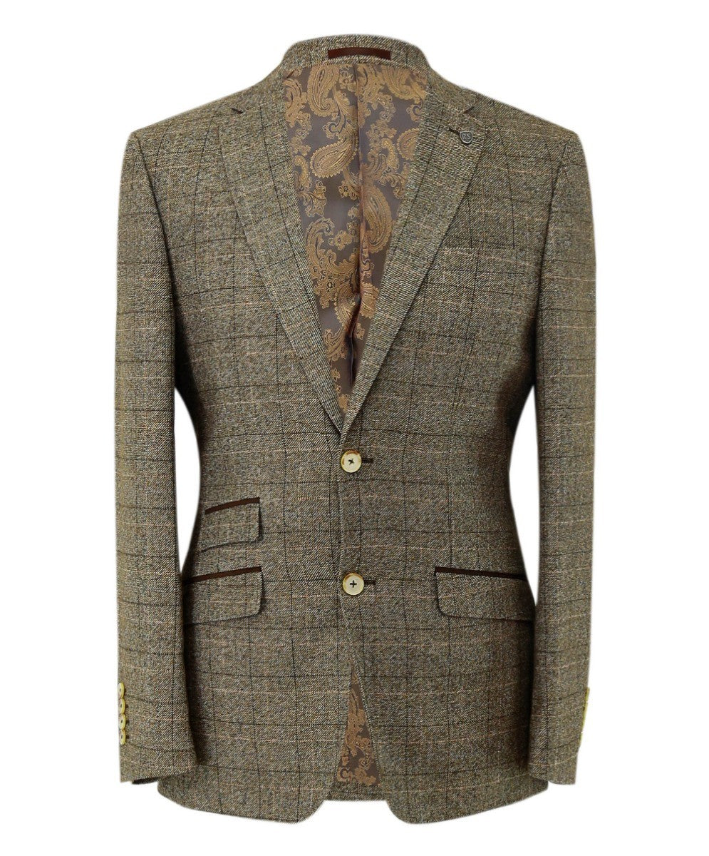 Herren Tweed Windowpane Karo Anzugjacke - LIAM Beige - Beige