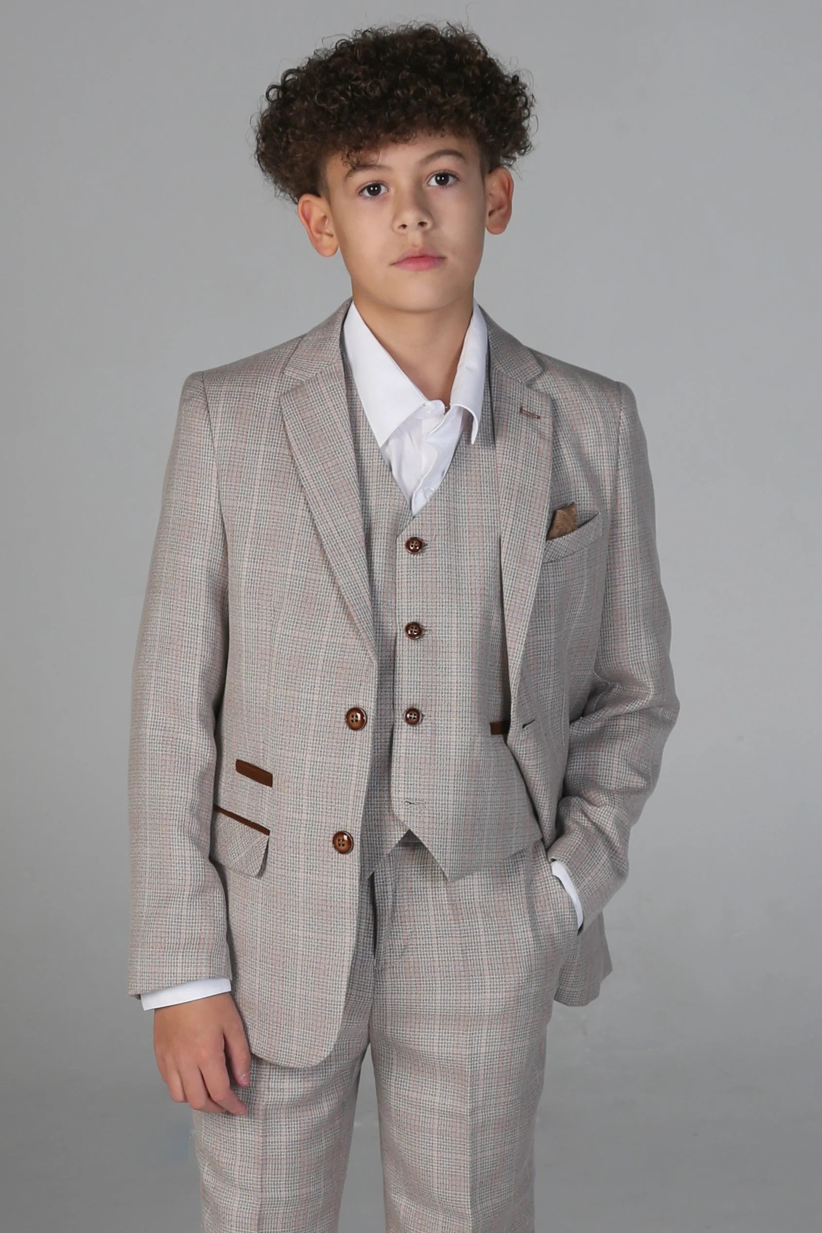 Boys’ Tailored Fit Tweed Check Suit – LEO - Beige