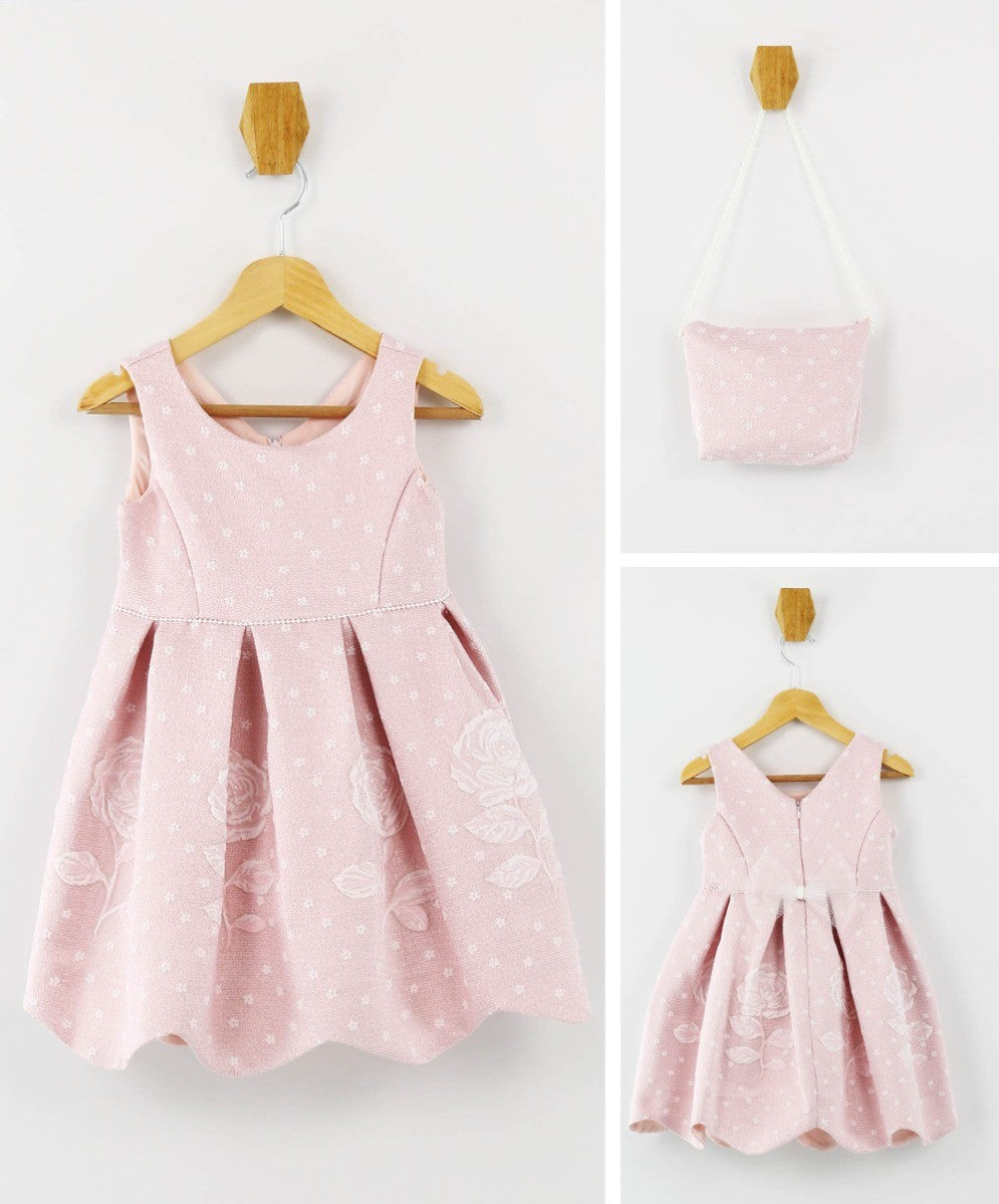 Mädchen Ärmelloses Blumenbesticktes Kleid-Set - Babyrosa