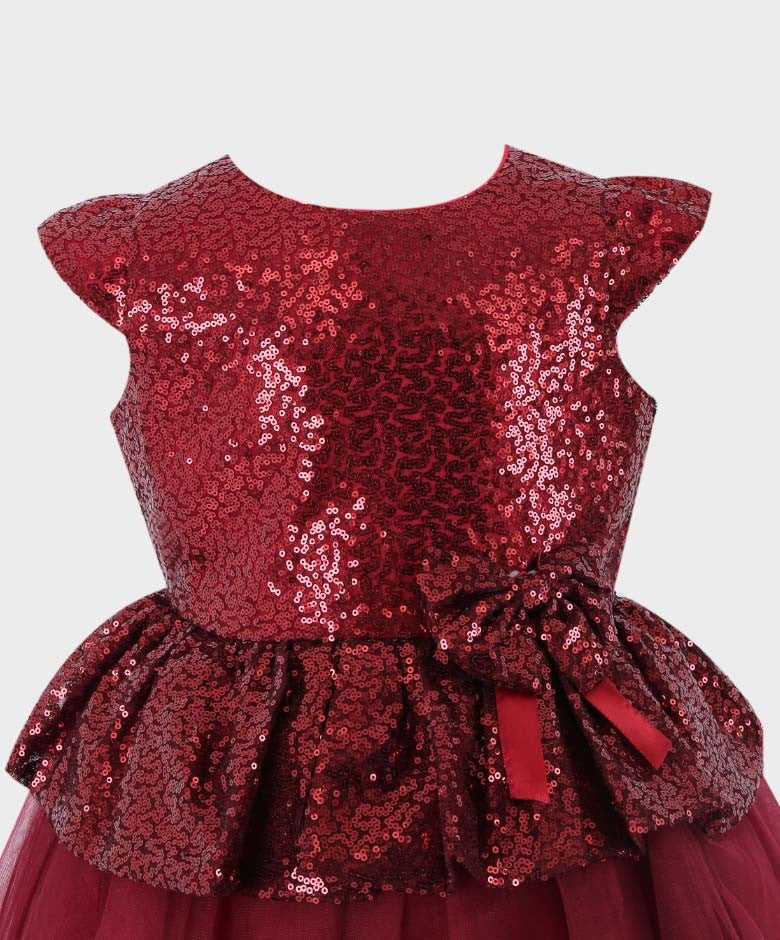 Robe Gonflable à Paillettes et Tulle pour Filles - Rouge Vin