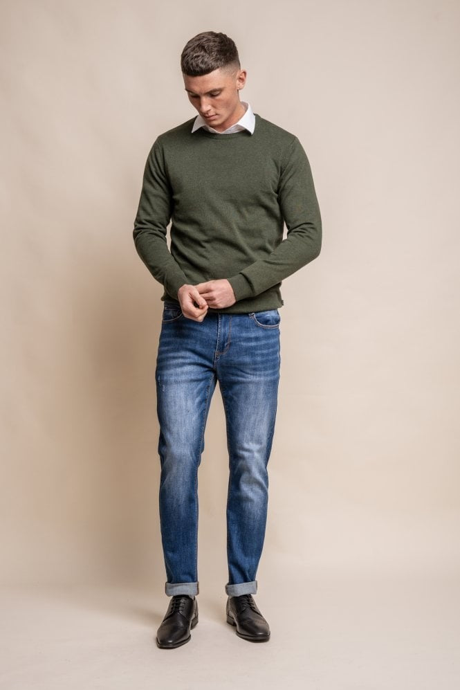 Pull en coton ajusté à col rond pour hommes - Vert Olive