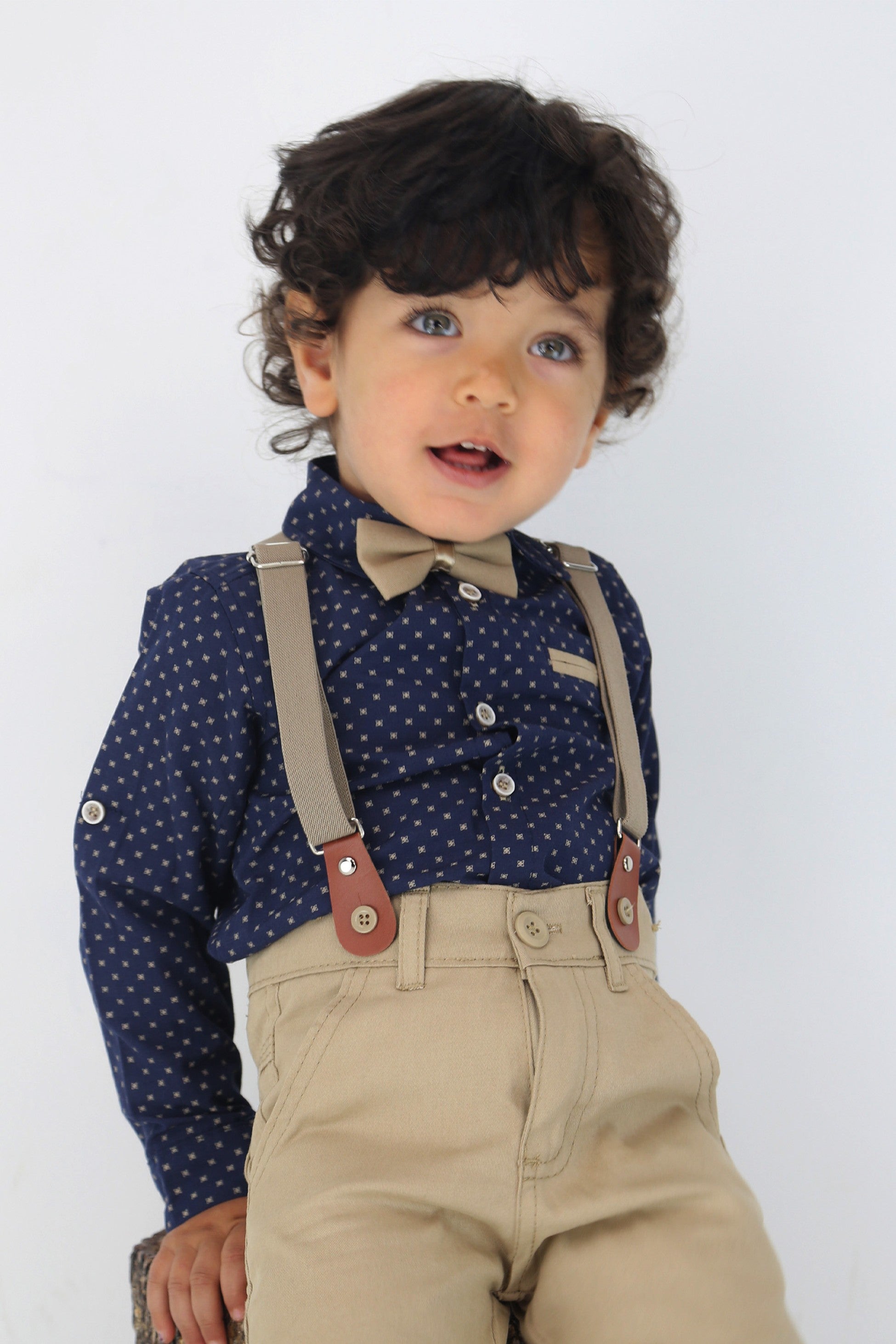 Baby & Boys Gentleman Outfit - 4 PC Suspenders Pant Suit Set - KELEBEK - Navy - Beige