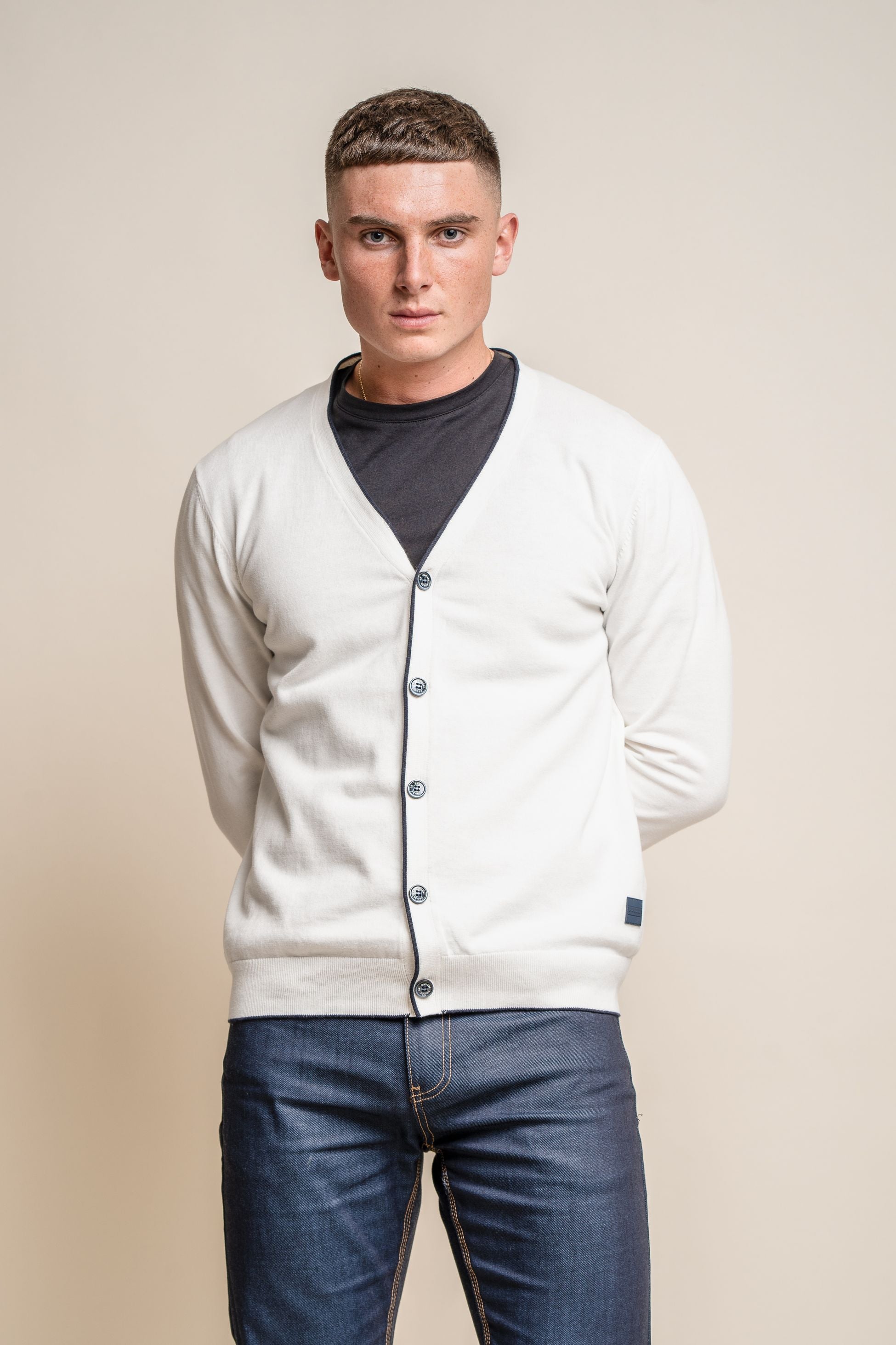 Herren Slim Fit Gestrickte Baumwoll Cardigan - Raider - Ecru