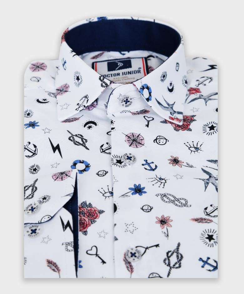 Chemise à Imprimé Nautique pour Garçons - Blanc - Bleu