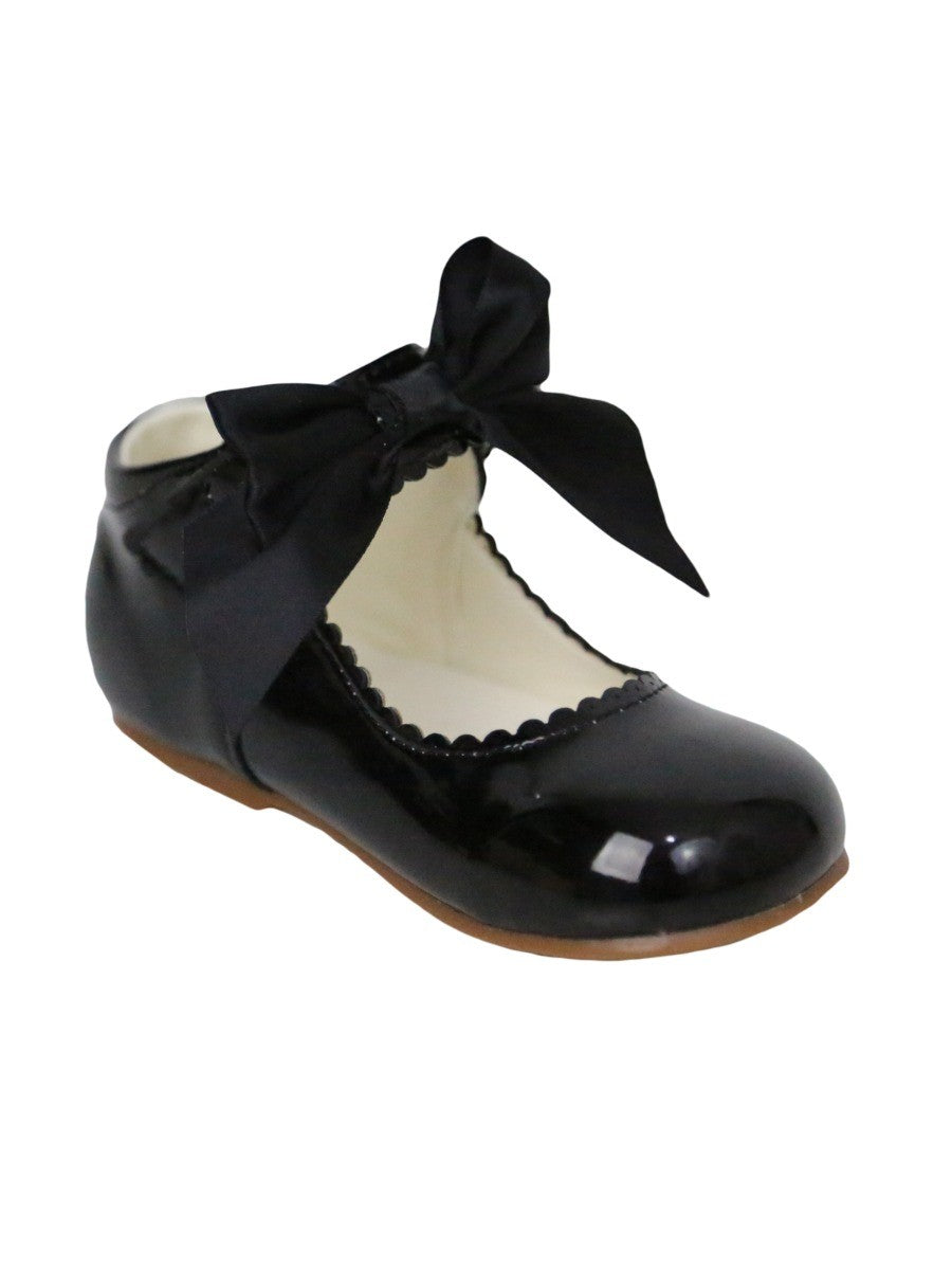 Girls Scalloped Trim Patent Flat Mary Jane Shoes - Black