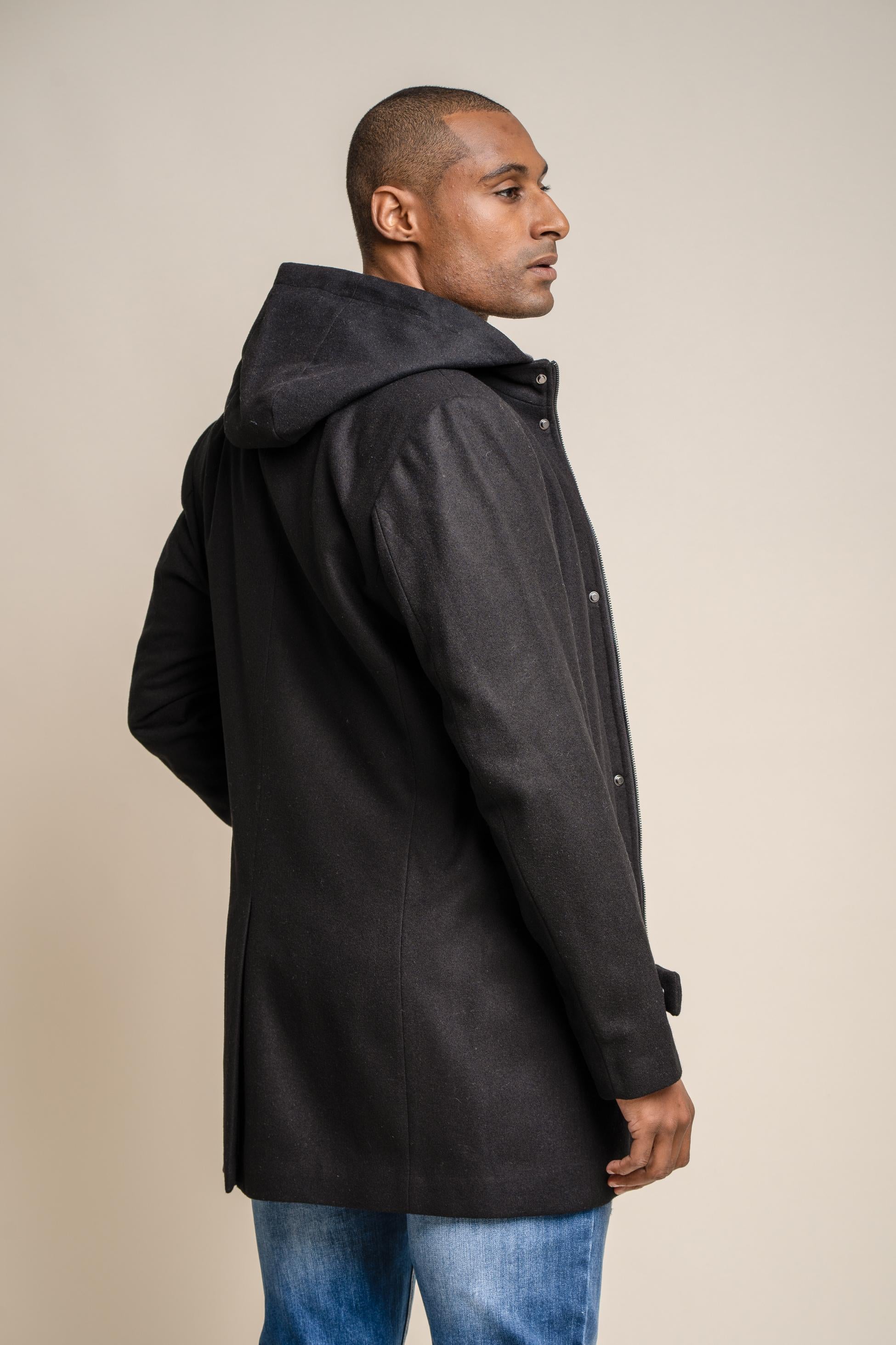 Manteau à capuche en laine mélangée pour hommes - MICHIGAN - Noir