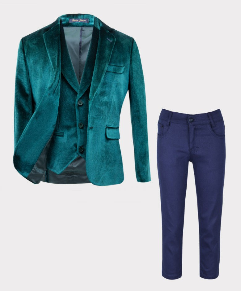 Costume en Velours Tailored Fit avec Patte de Coude pour Garçons - Vert