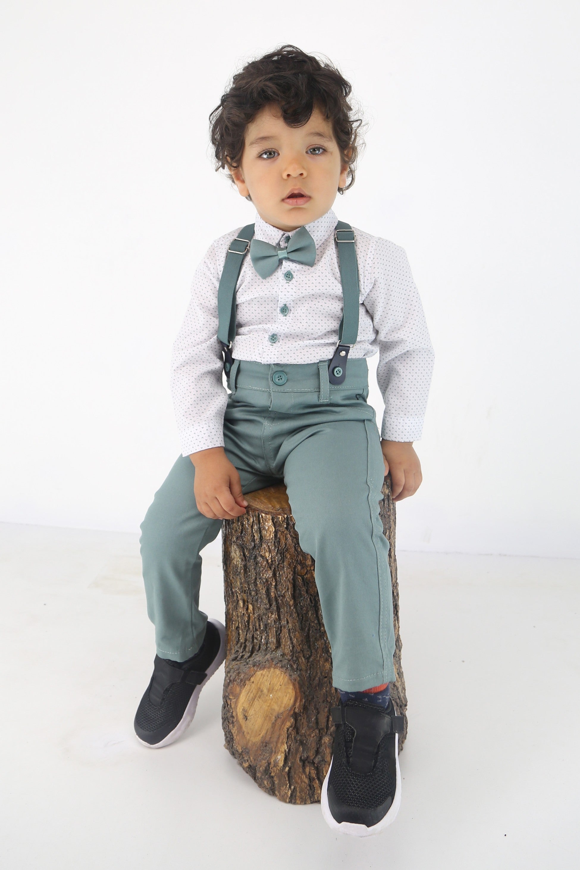 Baby Jungen Gentleman Outfit - 4-teilige Hosensatz mit Trägern - BIRD - Grün