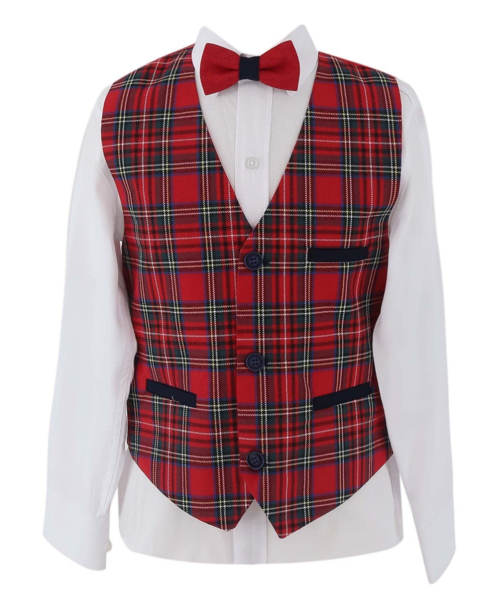 Ensemble Costume Slim Fit avec Gilet à Carreaux Tartan pour Garçons - Rouge