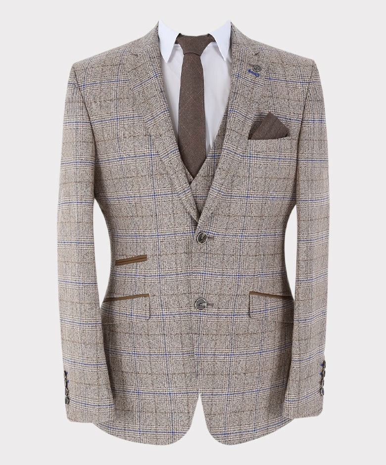 Men'sTailored Fit Tweed Check Suit Jacket - DAVID Taube - Beige