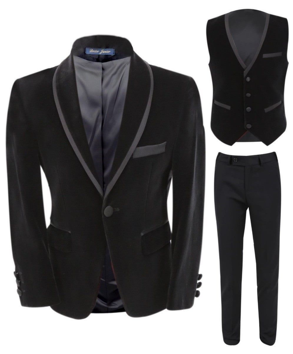 Costume de Smoking en Velours à Passepoil Slim Fit pour Garçons - LONDON - Noir