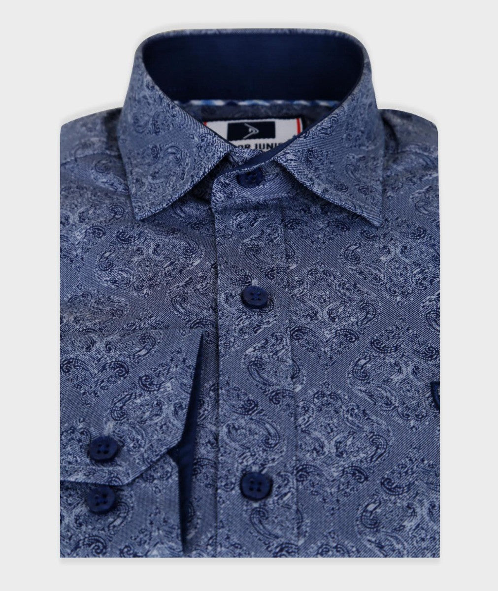 Boys Paisley Patterned Slim Fit Cotton Casual Shirt - Dark Blue - Black