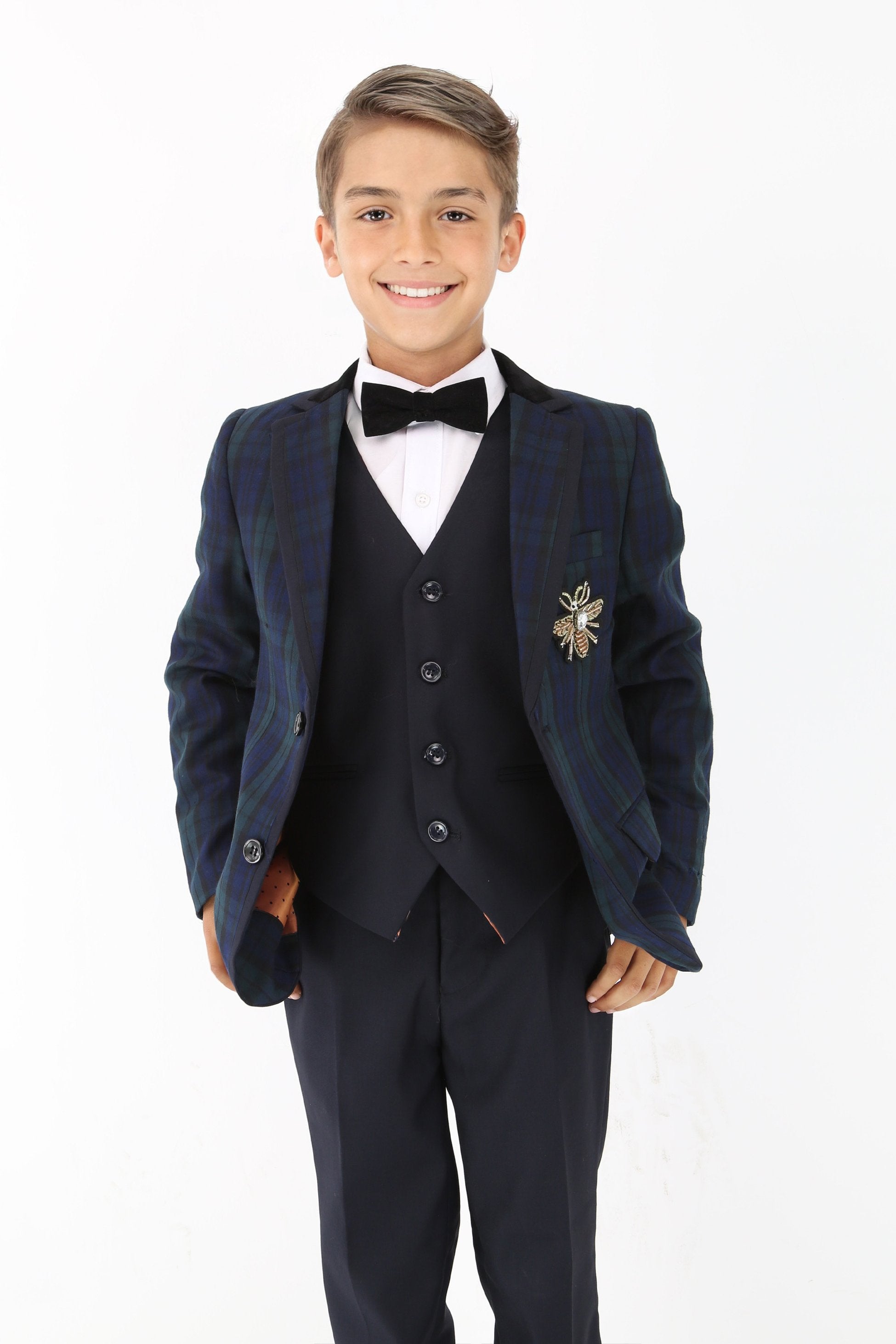 Stylish Boys Tartan Plaid Suit - Navy Blue - Green