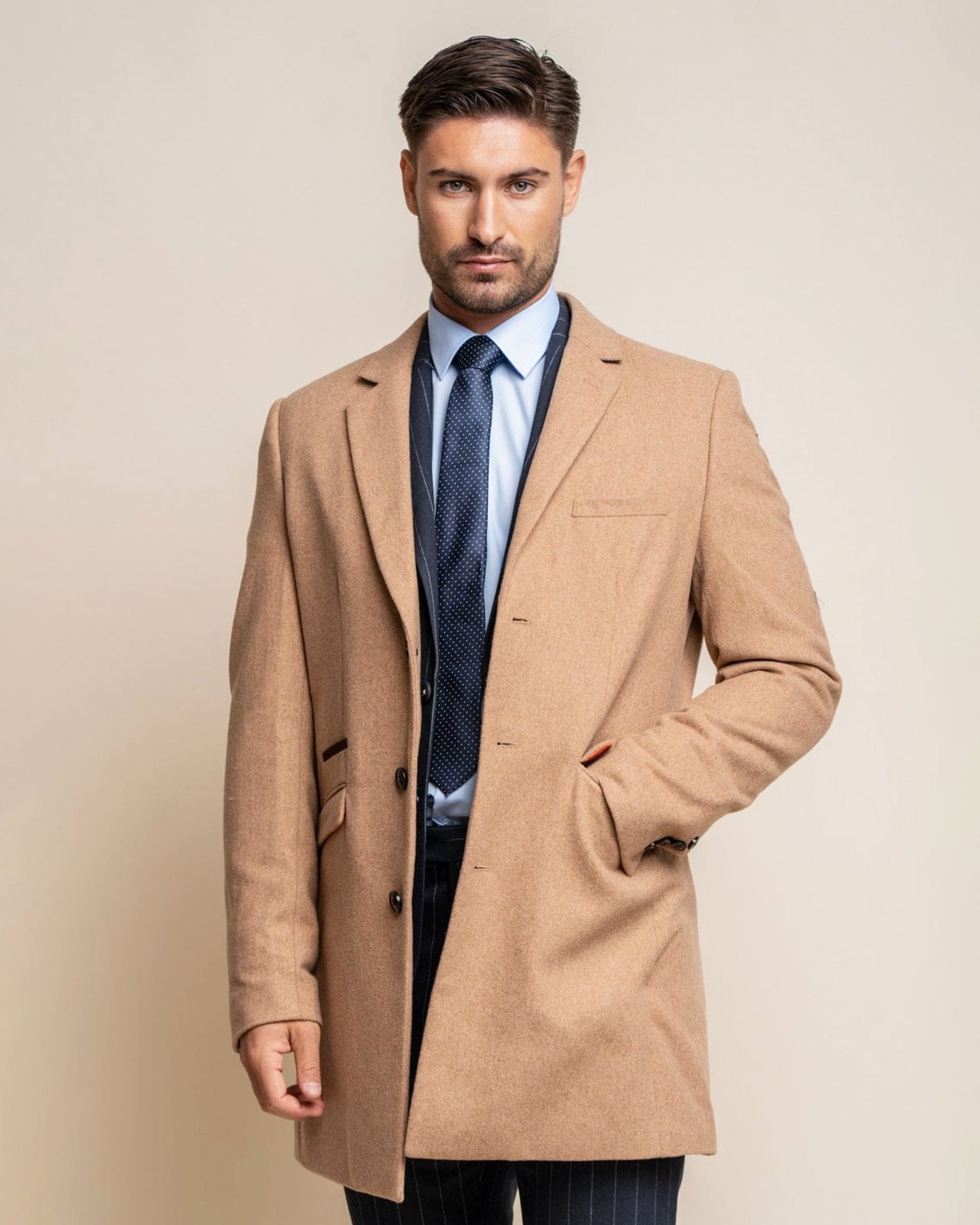 Men's Wool Midi Coat - ROMAN - Camel Brown