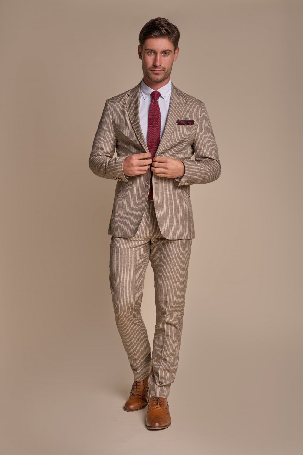 Herren Slim Fit Nadelstreifen Beiger Anzug – KRAKEN Sand - Sandbeige