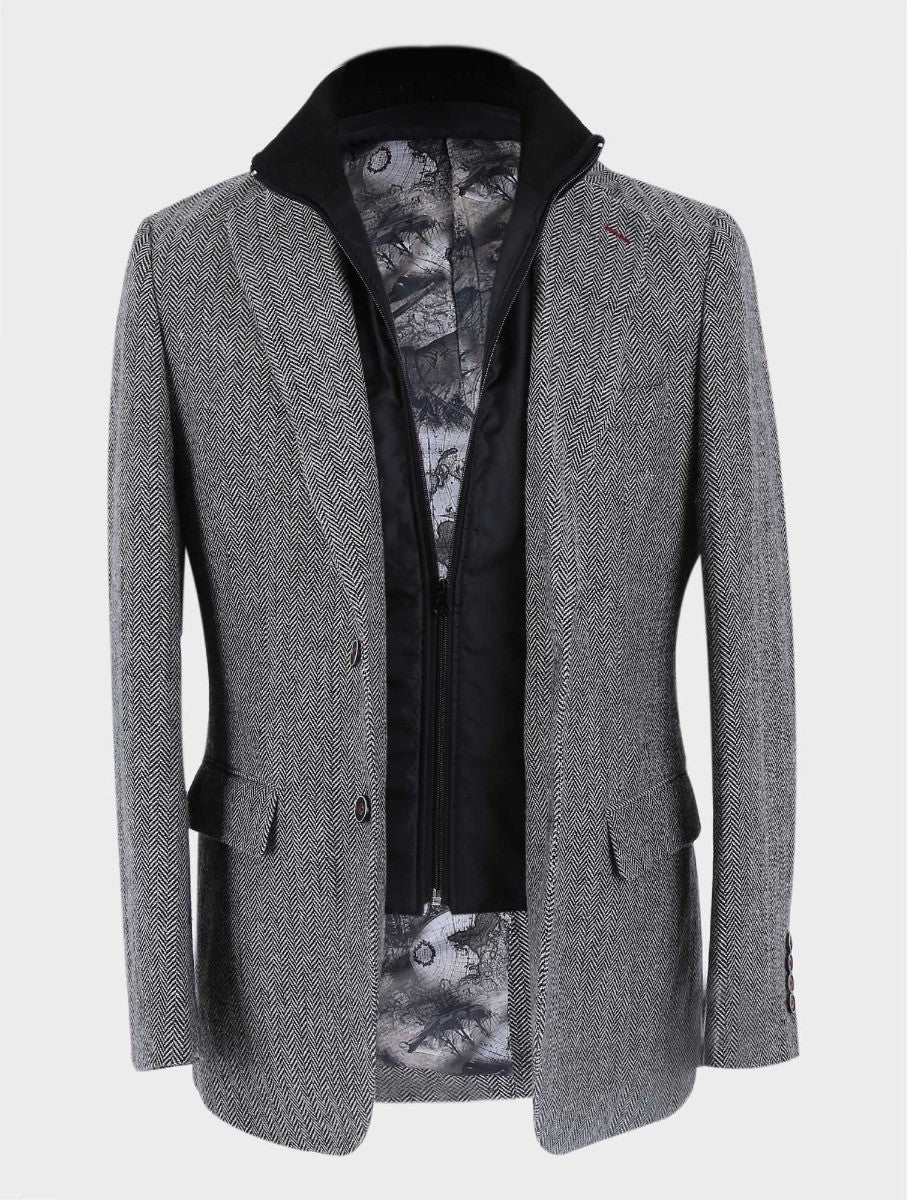 Men's Wool Herringbone Tweed Coat with Removable Zipper - Alexander - Light Grey