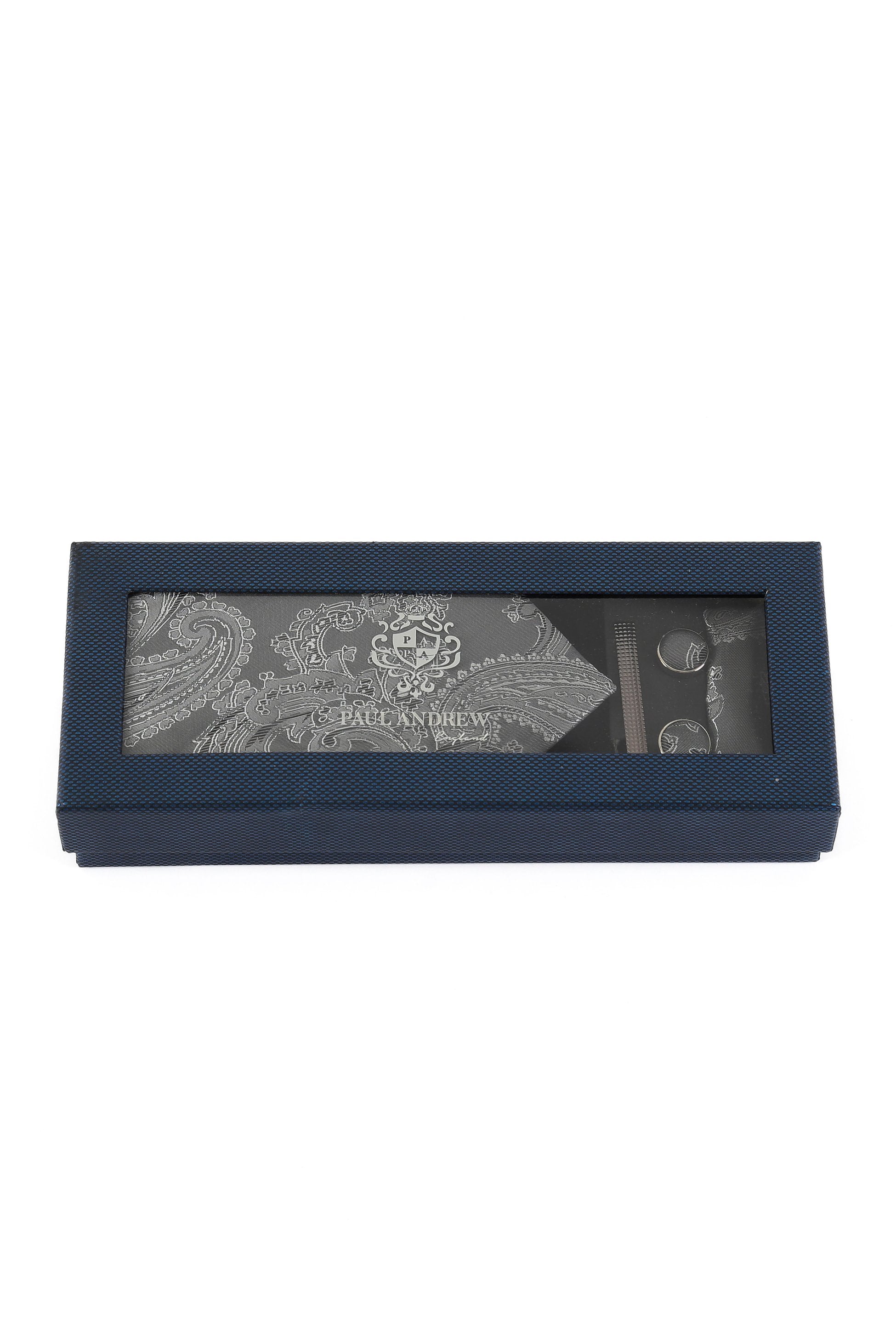 Ensemble cravate et boutons de manchette paisley pour hommes - Gris