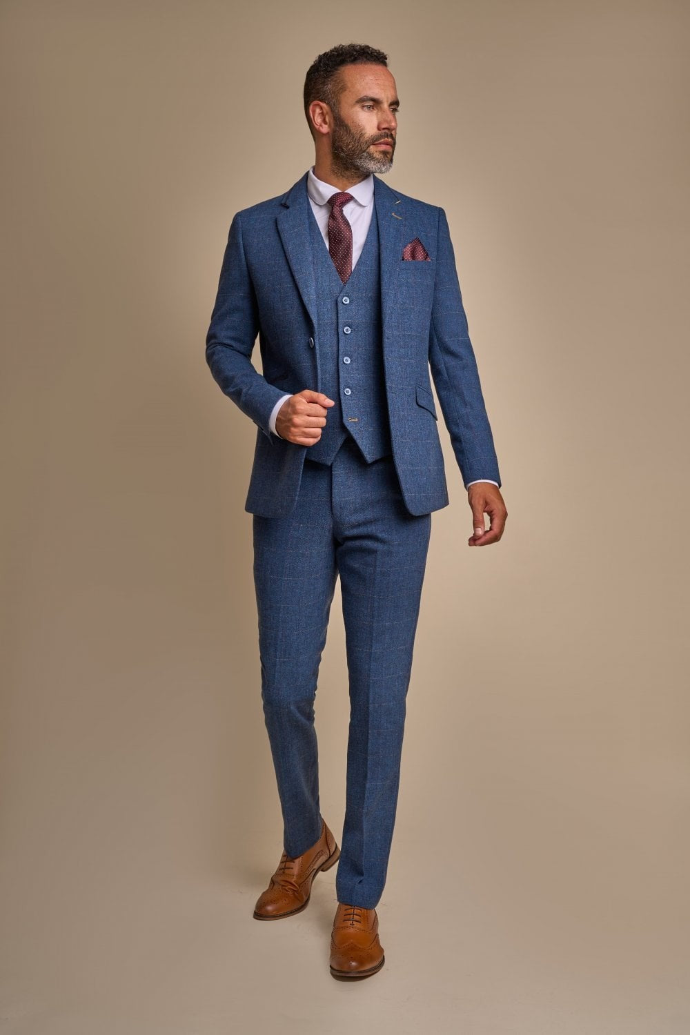 Men's Slim Fit Herringbone Tweed Suit Jacket - CARNEGI - Blue