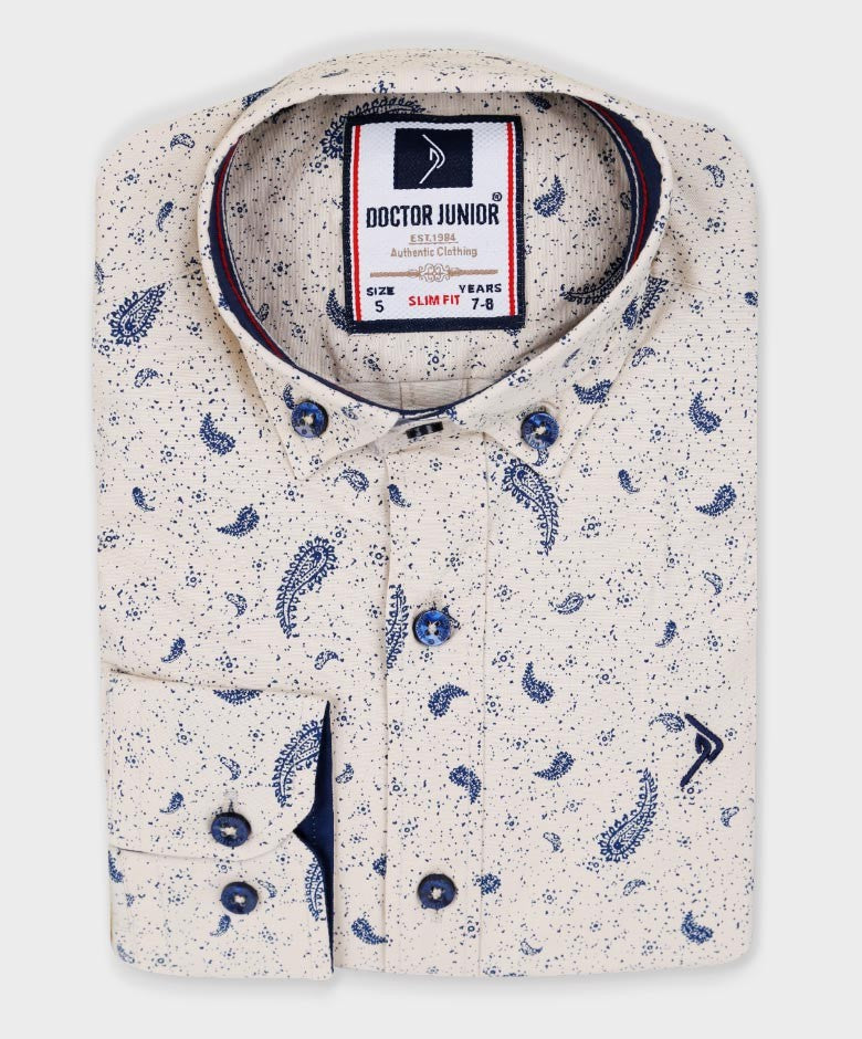 Boys Slim Fit Paisley Smart Casual Shirt - Patterned Beige