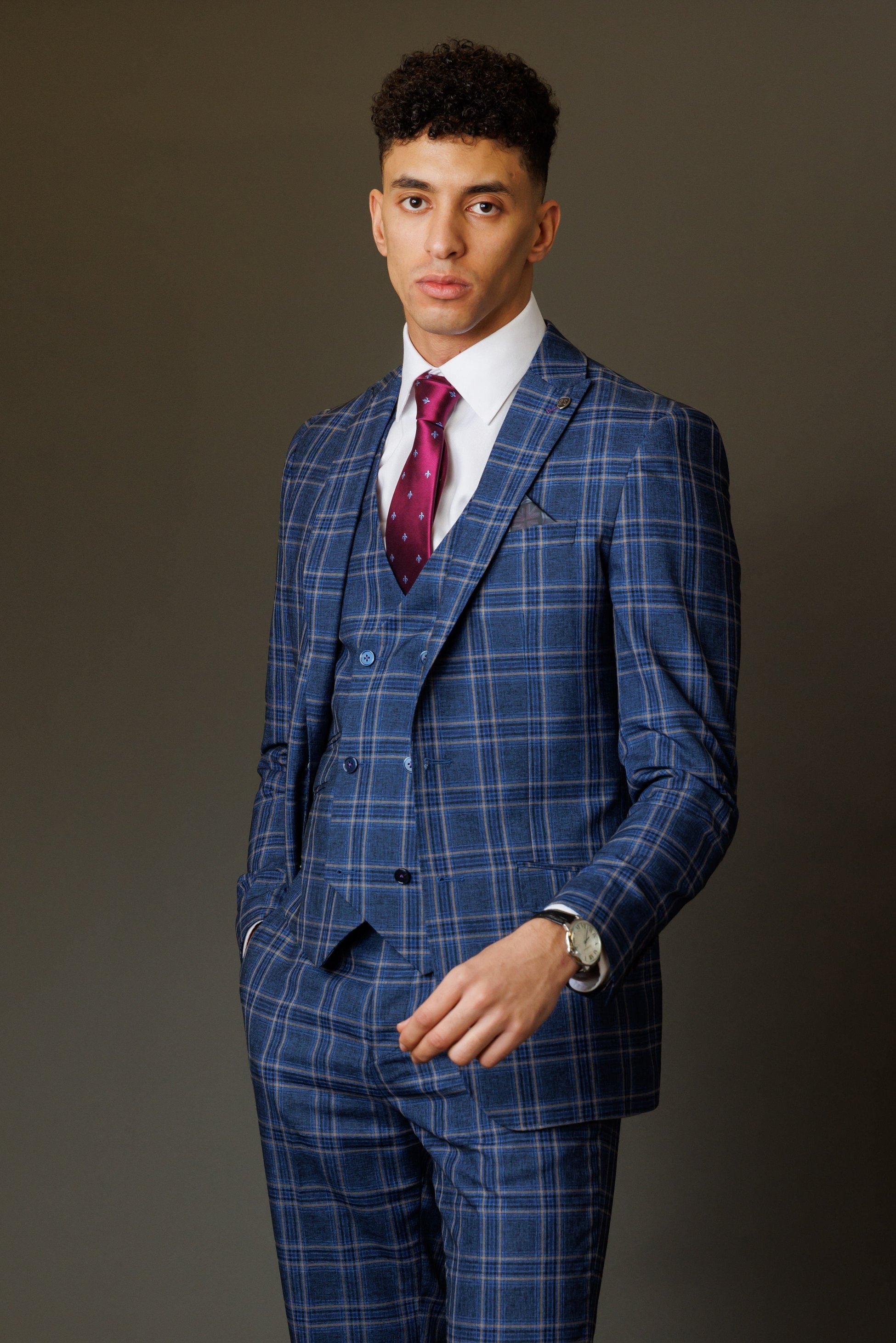 Men's Windowpane Check Slim Fit Suit - BLAKE - Navy Blue