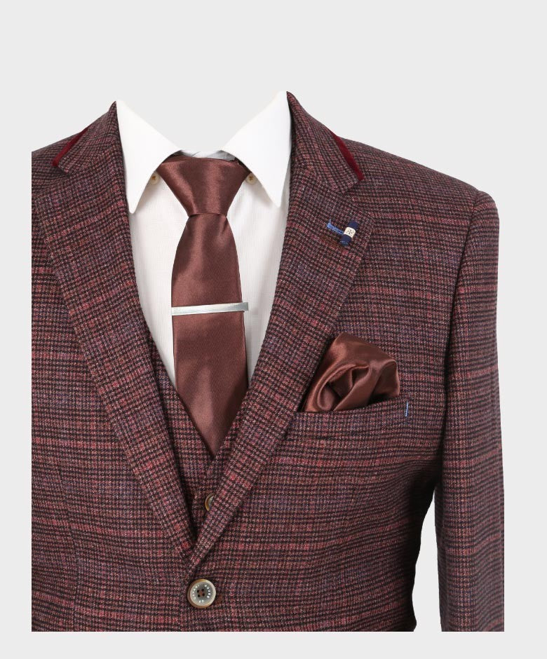 Herren Slim Fit Retro Tweed Blazer - CARLY - Weinrot