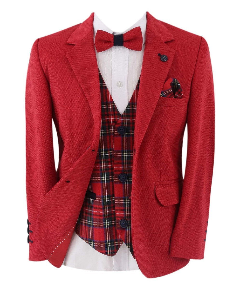 Ensemble Costume Slim Fit avec Gilet à Carreaux Tartan pour Garçons - Rouge