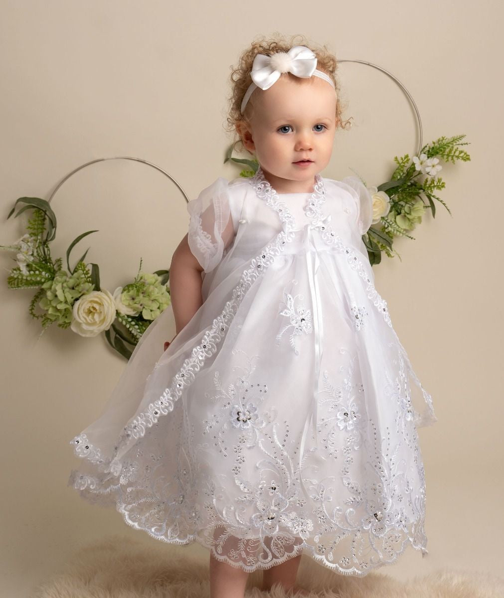 Baby Mädchen Pailletten & Spitzen Taufweißes Kleid-Set - 396 - Weiß