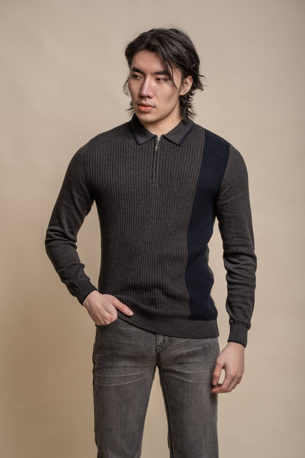 Polo en coton texturé à zip pour hommes - Gris Anthracite