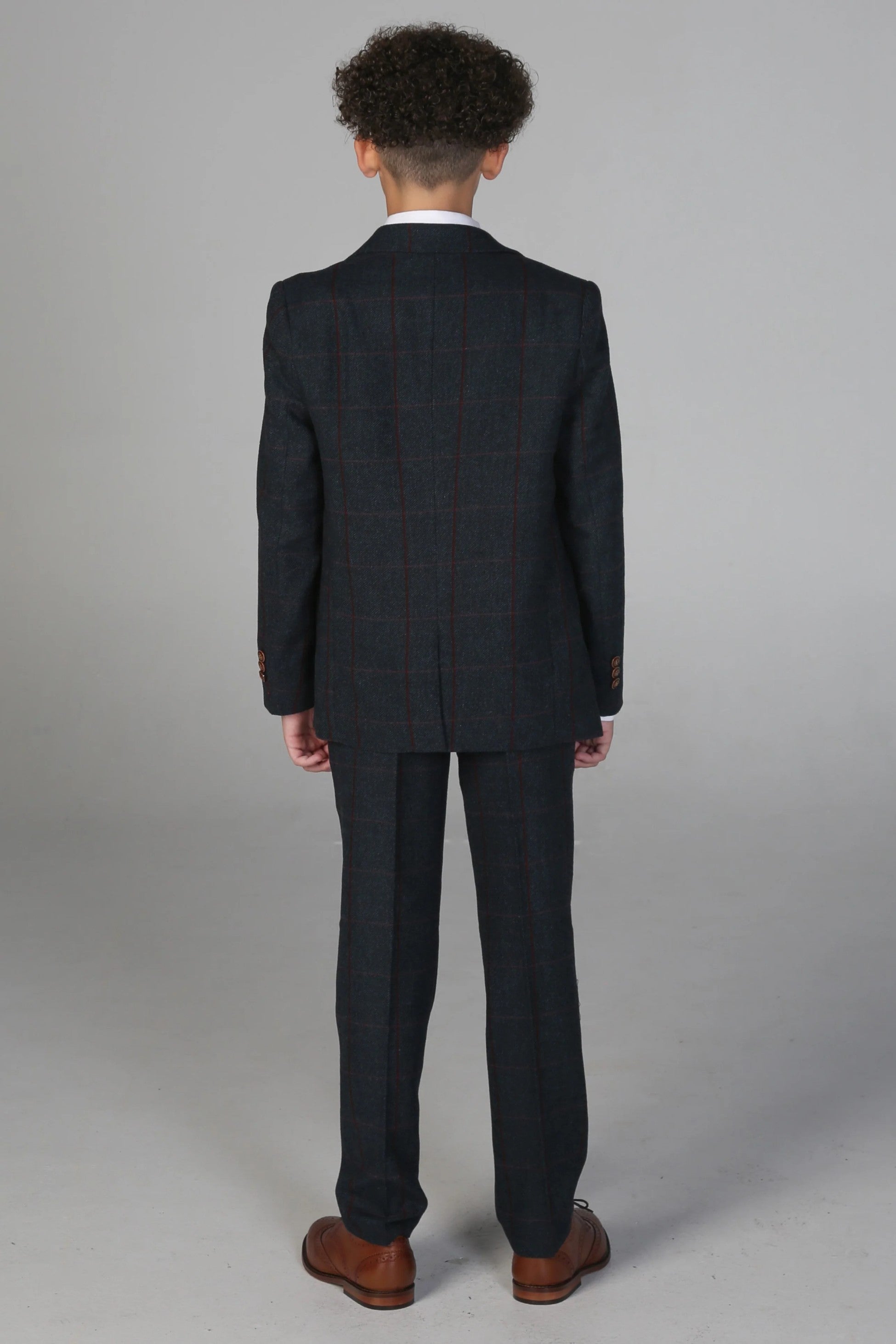 Boys 3 Piece Navy ًWindowpane Check Tweed Suit - MADRID - Navy