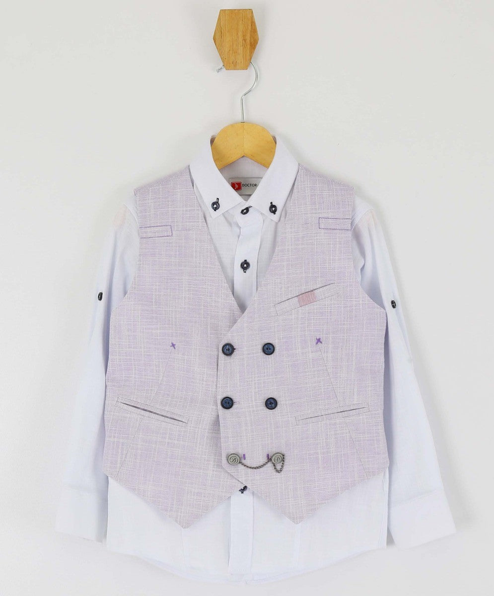 Boys Self Patterned Double-Breasted Linen Waistcoat Suit Set - Lilac