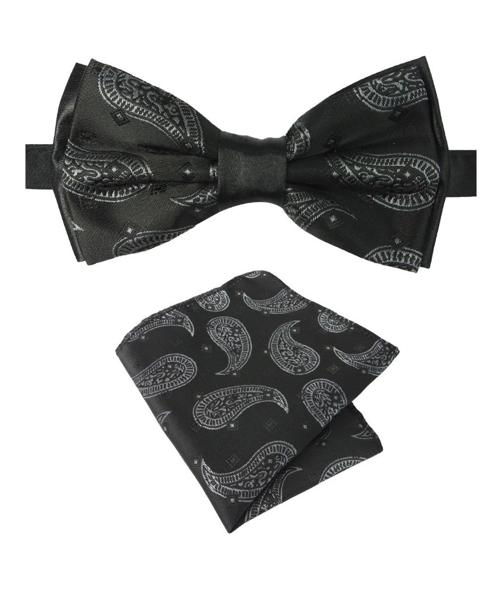 Ensemble nœud papillon et pochette de costume à motif cachemire pour garçons et hommes - Noir et Blanc