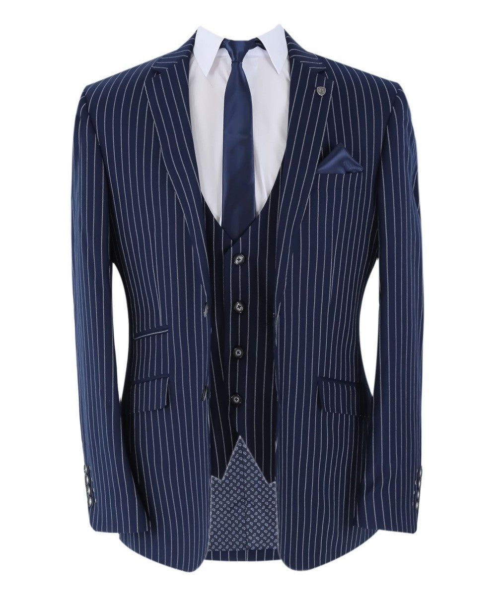 Men's Tailored Fit Pinstripe Navy Suit - MASON - Navy Blue