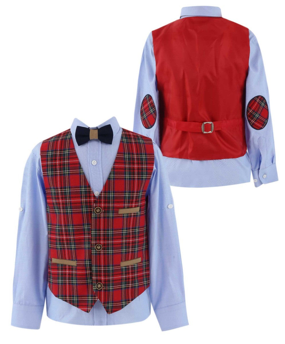 Ensemble Costume Slim Fit avec Gilet à Carreaux Tartan pour Garçons - Bleu Marine