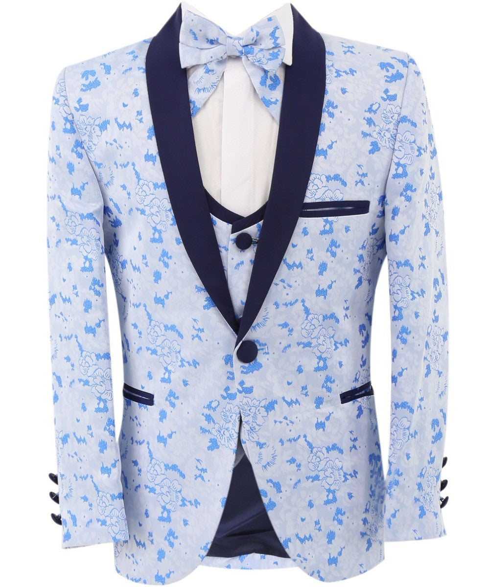 Jungen Slim Fit Blauer Blumen Tuxedo Anzug-Set - Blau