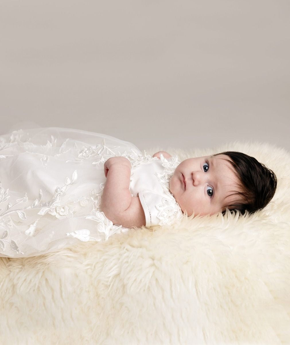 Baby Girls Floral Lace Off White Christening Gown - KRYSTAL - Off white