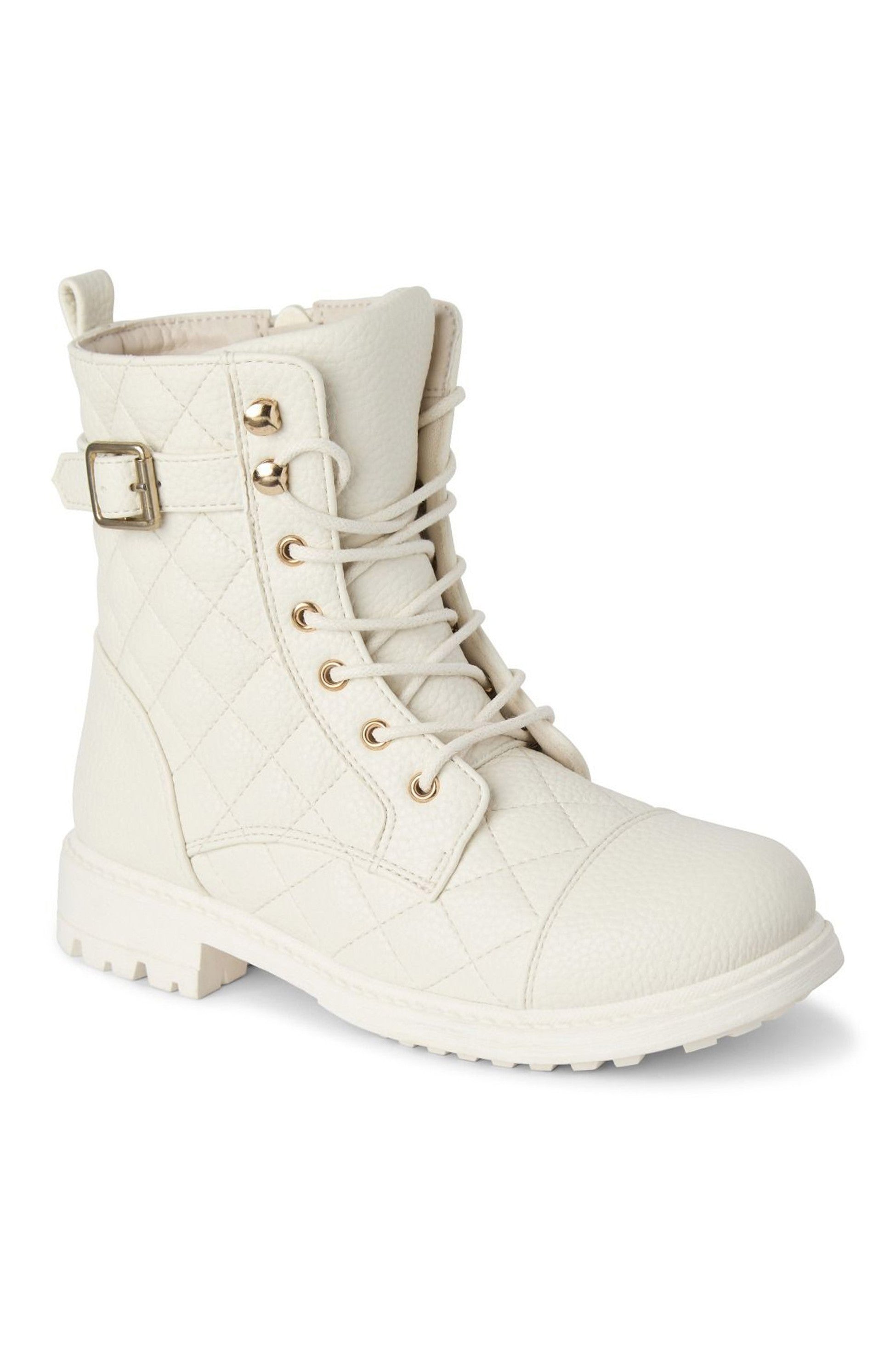 Girls' Quilted Lace-Up Combat Boots - SAGE - Cream