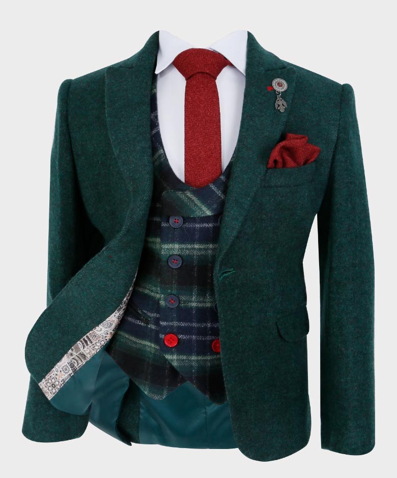 Boys Tailored Fit Blazer Waistcoat Set - Cashmere - Forest Green