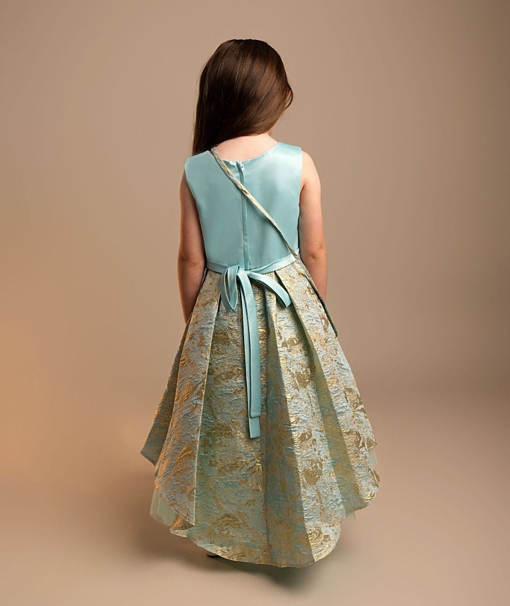 Girls’ Blue & Gold Brocade Dress Set - Tamia - Blue and Gold