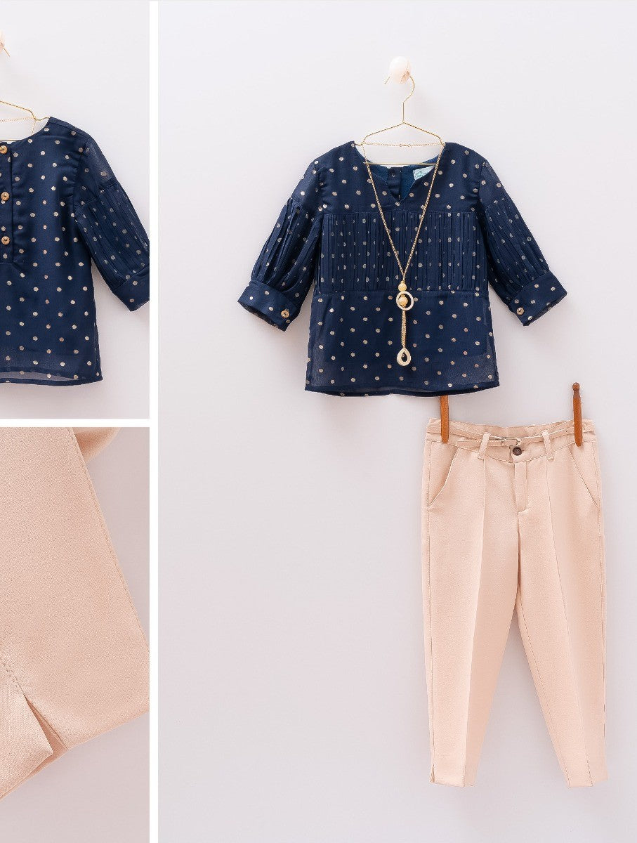 Girls Polka dot Casual Navy Set - MIALIA - Navy Blue - Beige