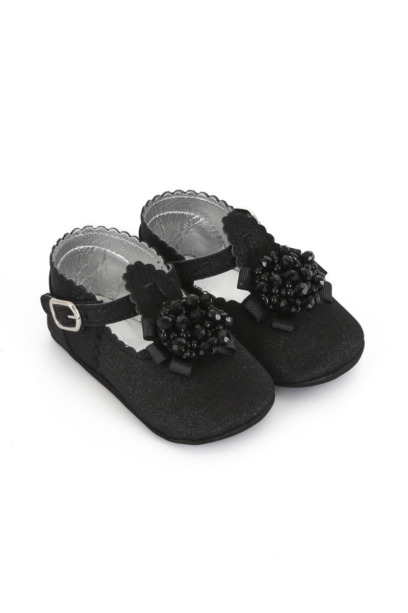 Baby Girls Pre-walker Shoes with Beaded Embellishmen - Black