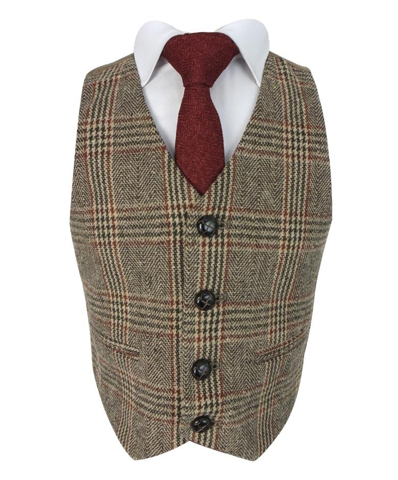 Costume à Carreaux en Tweed Chevron avec Pièces aux Coudes pour Garçons - LUCAS - Marron - Bordeaux