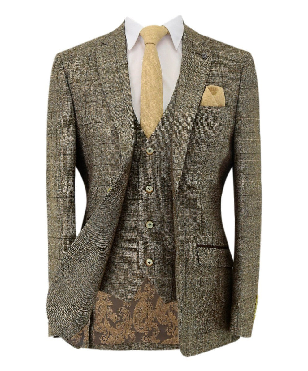 Herren Tweed Windowpane Karo Anzug - LIAM Beige - Beige