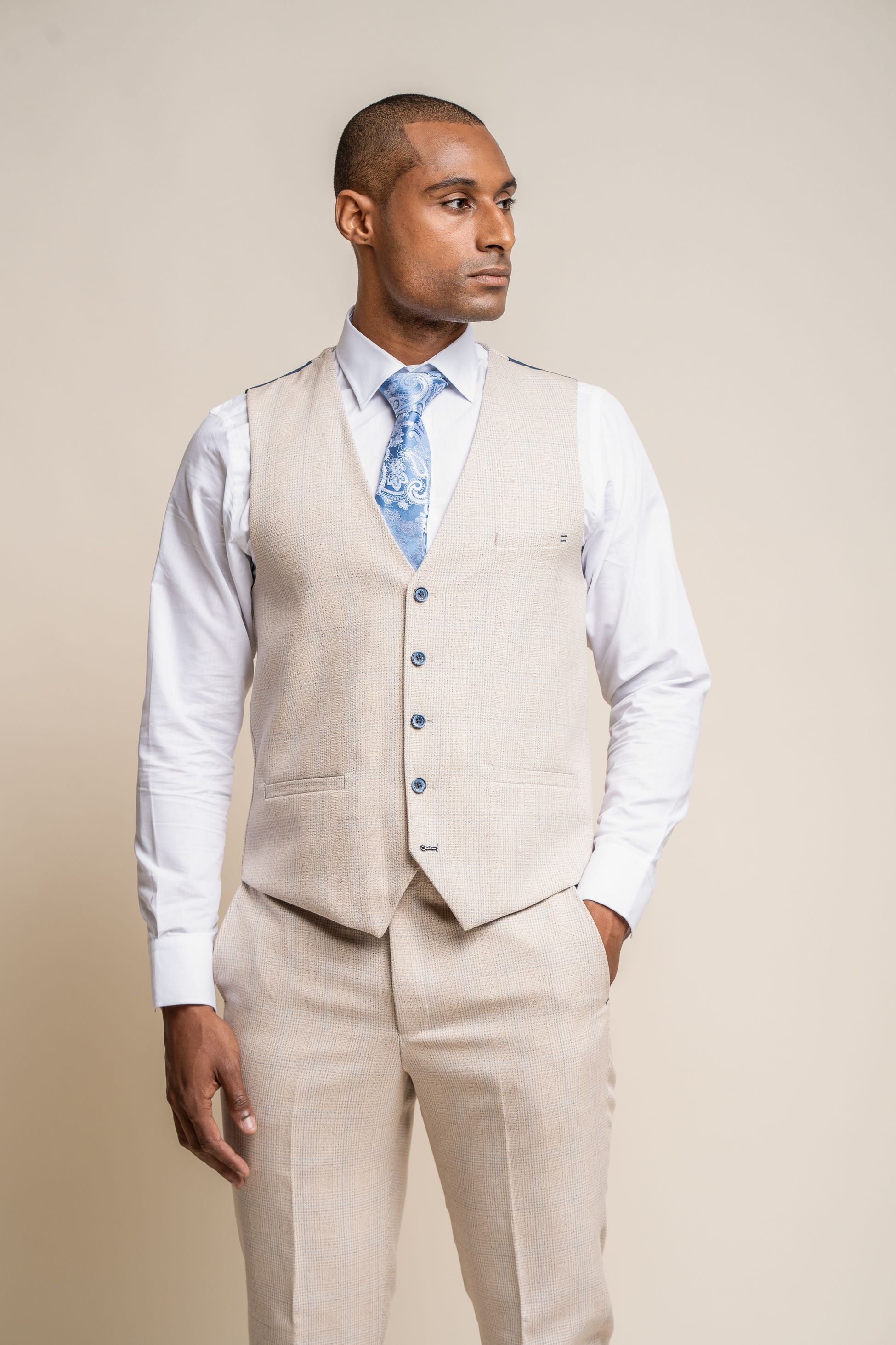 Men's Tweed Houndstooth Check Slim Fit Formal Waistcoat - CARIDI - Beige