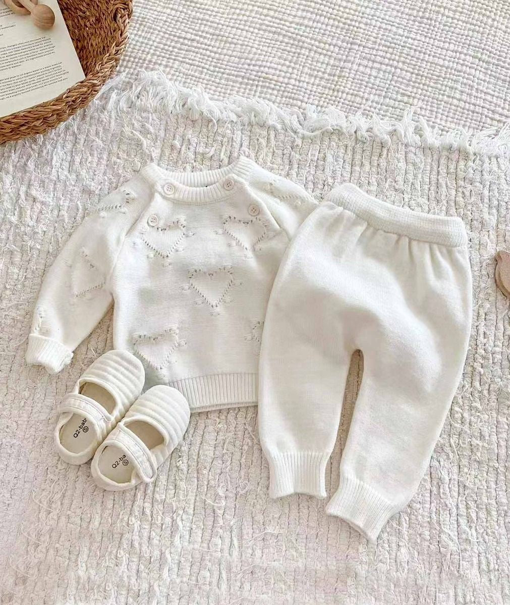 Baby Mädchen Herzmotiv Strickpullover & Leggings Set - 2407 - Elfenbein