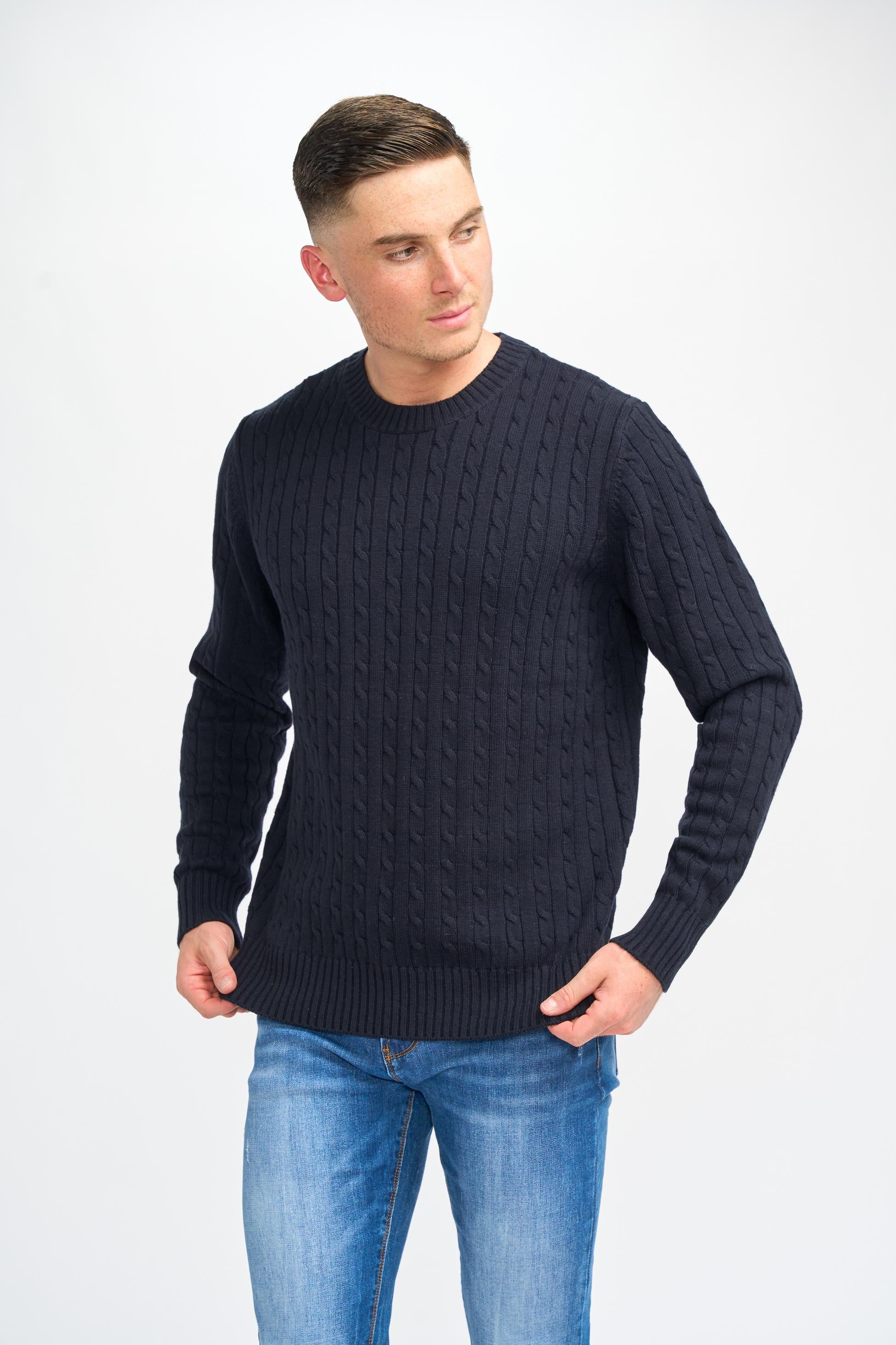 Pull en laine à maille torsadée pour hommes - Foston - Bleu Marine