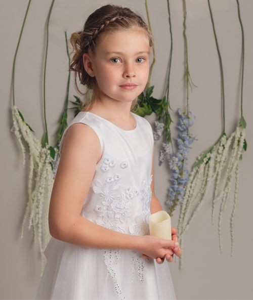 Floral Embroidery Flower Girl Dress with Bow - LUCKY - White