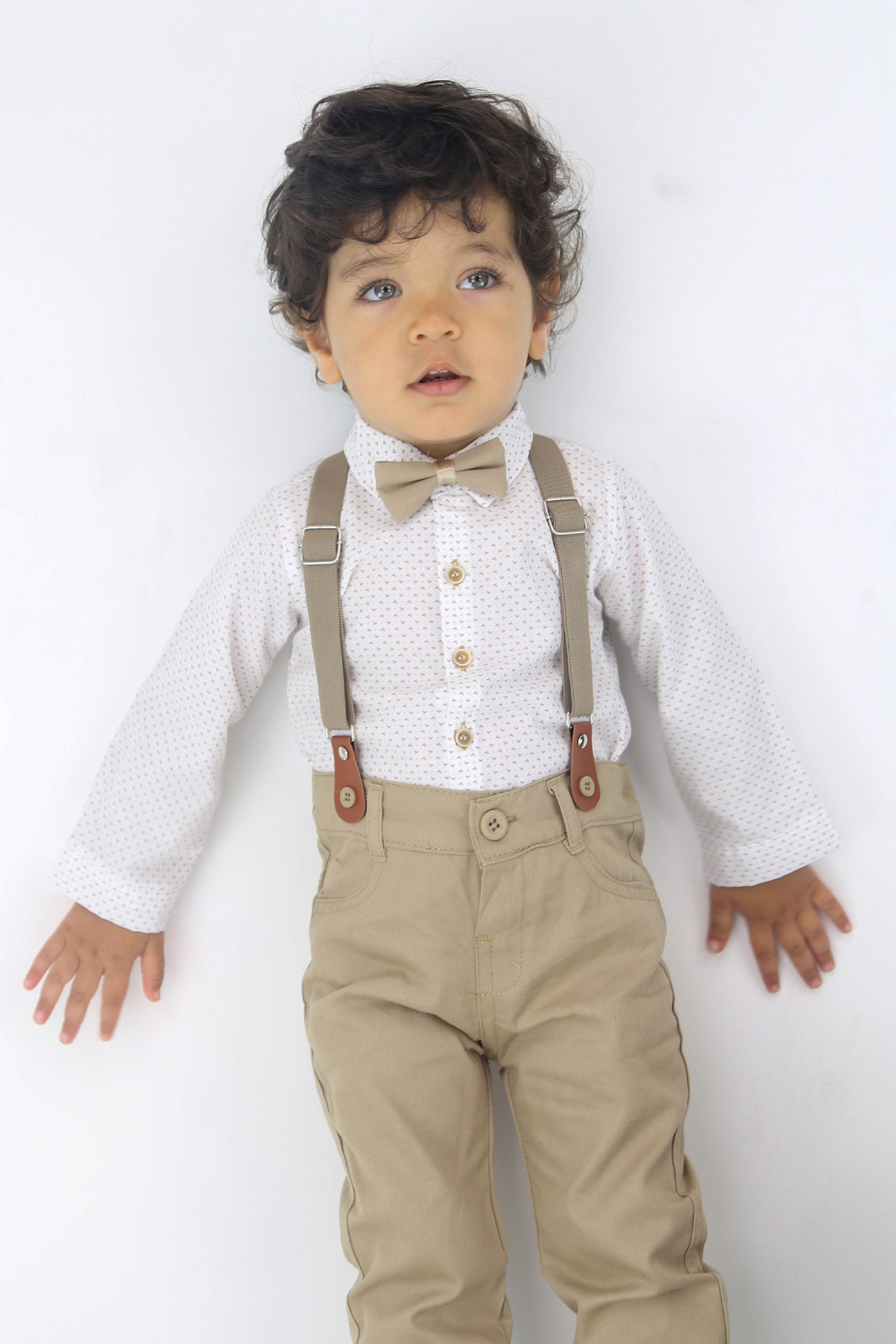 Baby Boys Gentleman Outfit - 4 PC Suspenders Pant Suit Set - BIRD - Tan Brown