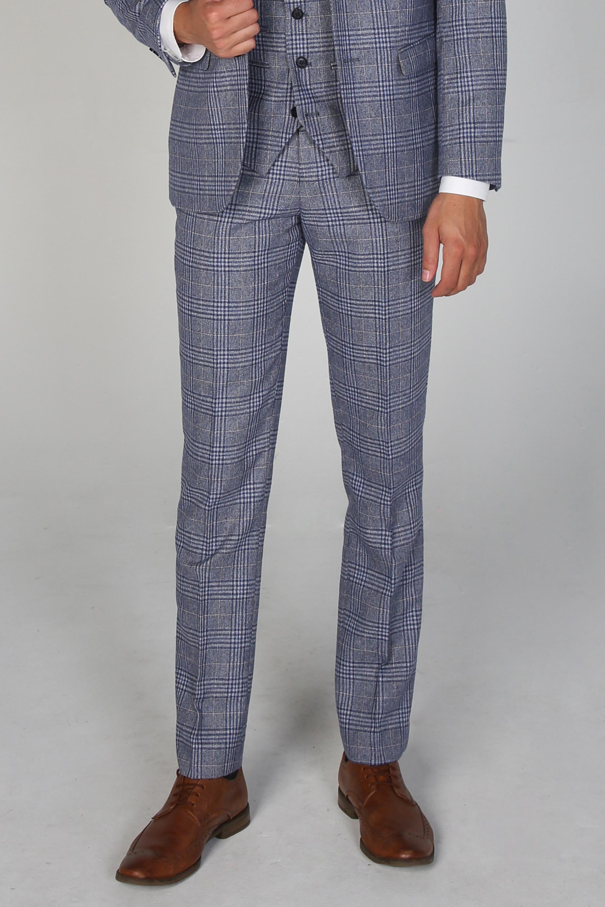 Men's Retro Check Tailored Fit Blue Trousers - VIKTOR - Blue Grey