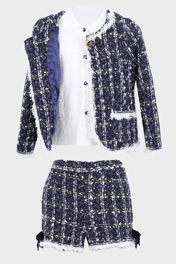 Mädchen Tweed Karo 3-teiliges Marine Outfit-Set - Marineblau